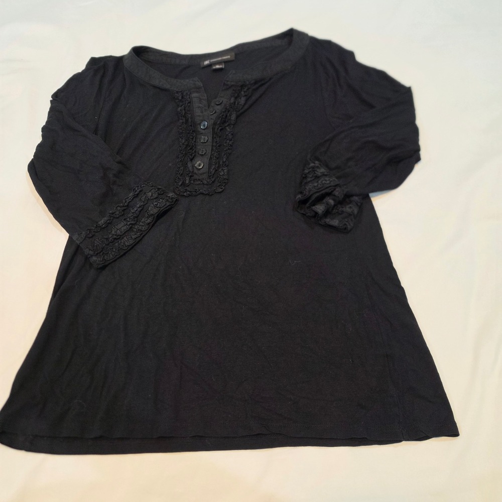 INC International Concepts Henley Top Womens XL Black Excellent Ruffle Trim 3/4
